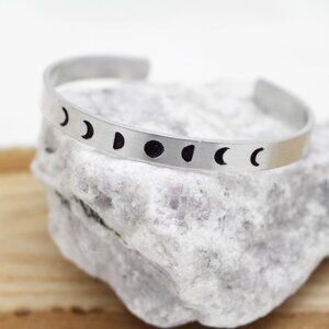 Moon Phases Bangle - Hand Stamped Anodized Aluminum Bangle - Adjustable